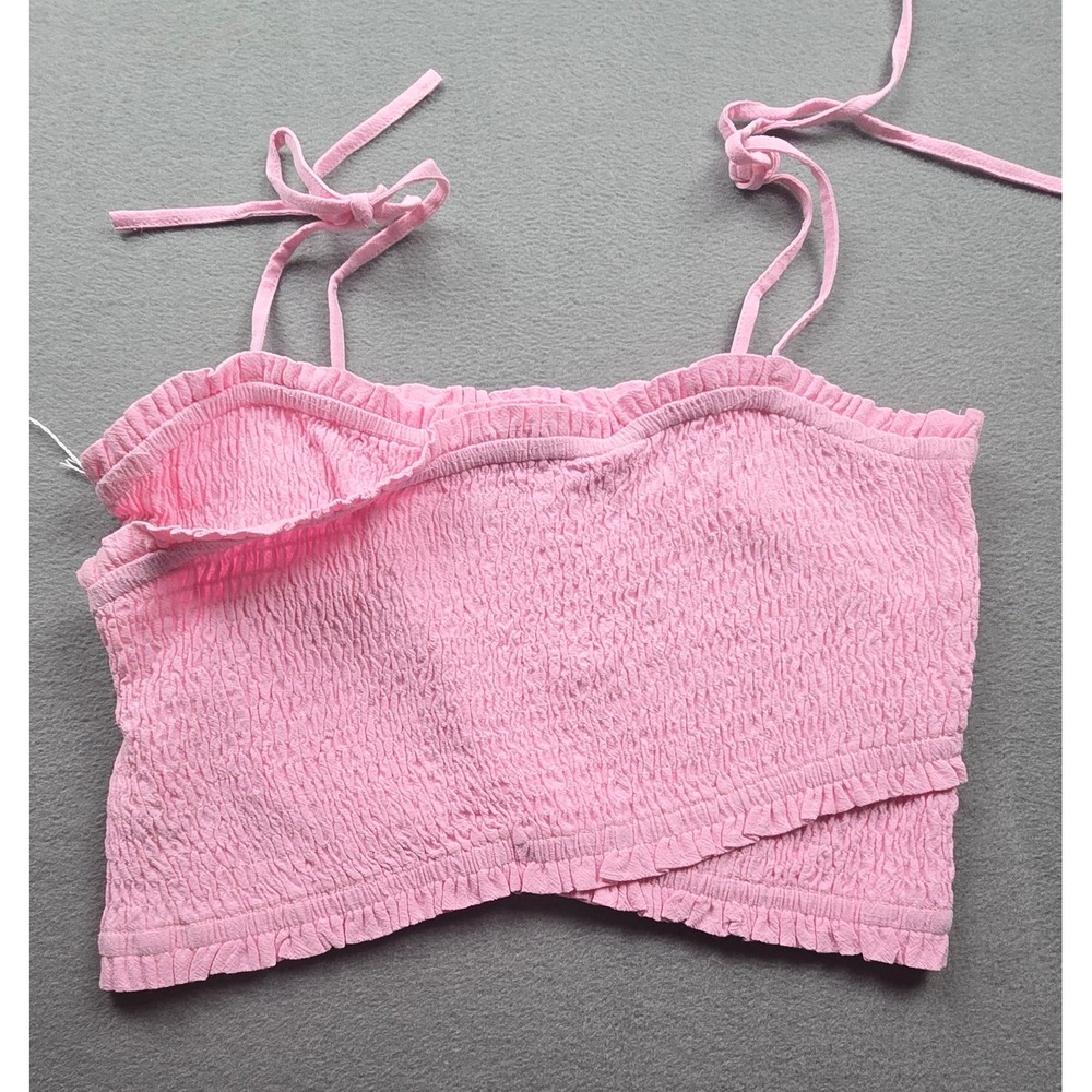 Wishlist Apparel Pink Smocked Linen‎ Blend Ruffle Tie Strap Crop Top LARGE